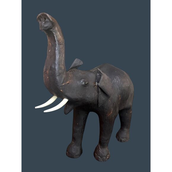 1960s Leather Wrapped Elephant Table Sculpture Figure Safari Glass Eyes Trunk Up - Picture 3 of 9